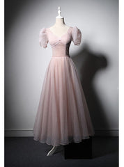 Pink Tulle Short Sleeve Prom Dress