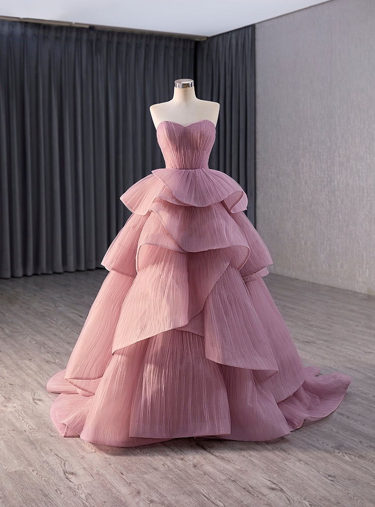 Pink Tulle Strapless Tiers Pleats Prom Dress