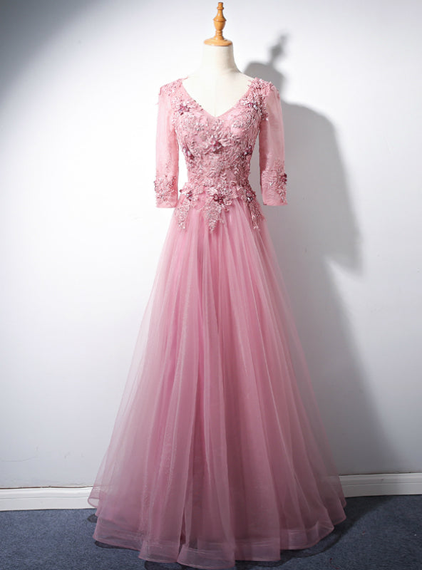 Pink Tulle V-neck Short Sleeve Appliques Beading Prom Dress