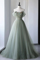 Princess Off the Shoulder Embroidering Tulle Sage Ball Gown