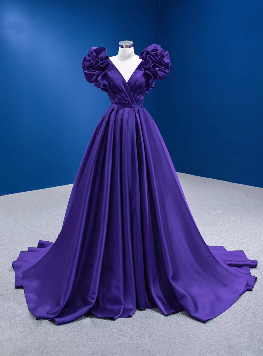 Purple Satin V-neck Pleats Prom Dress