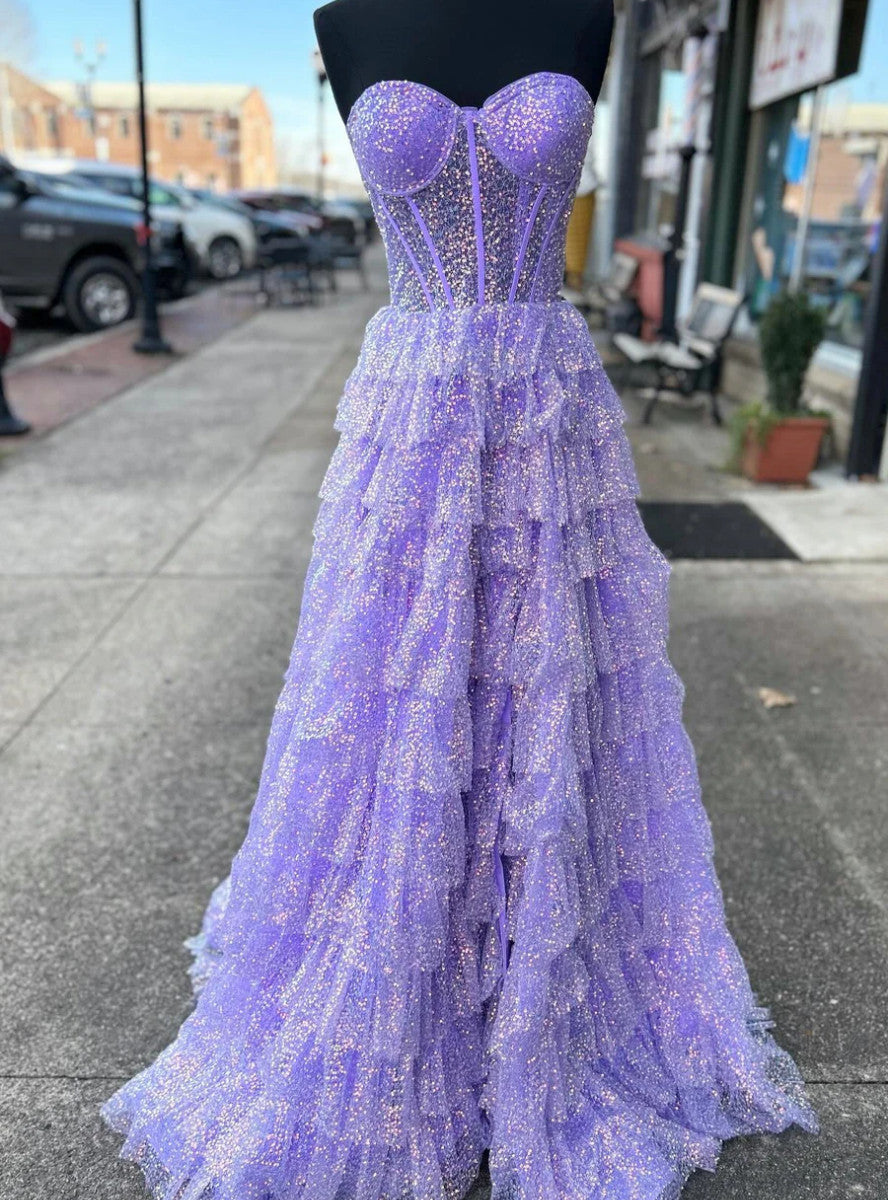 Purple Sequins Strapless Tiers Prom Dress