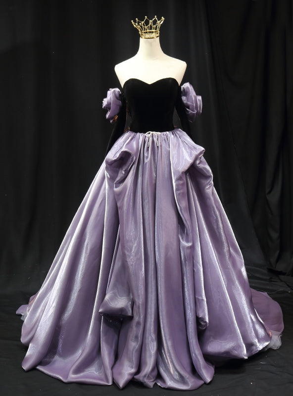 Purple Strapless Black Velvet Long Sleeve Prom Dress