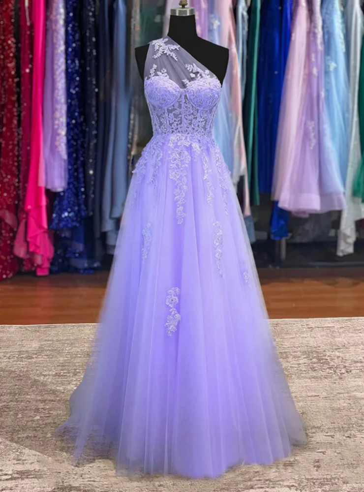 Purple Tulle One Shoulder Appliques Prom Dress