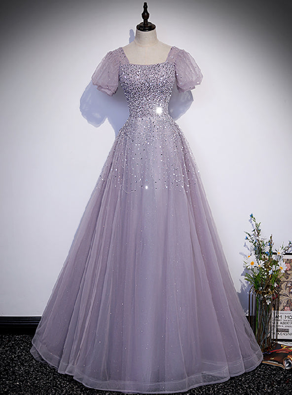 Purple Tulle Puff Sleeve Square Beading Sequins Prom Dress