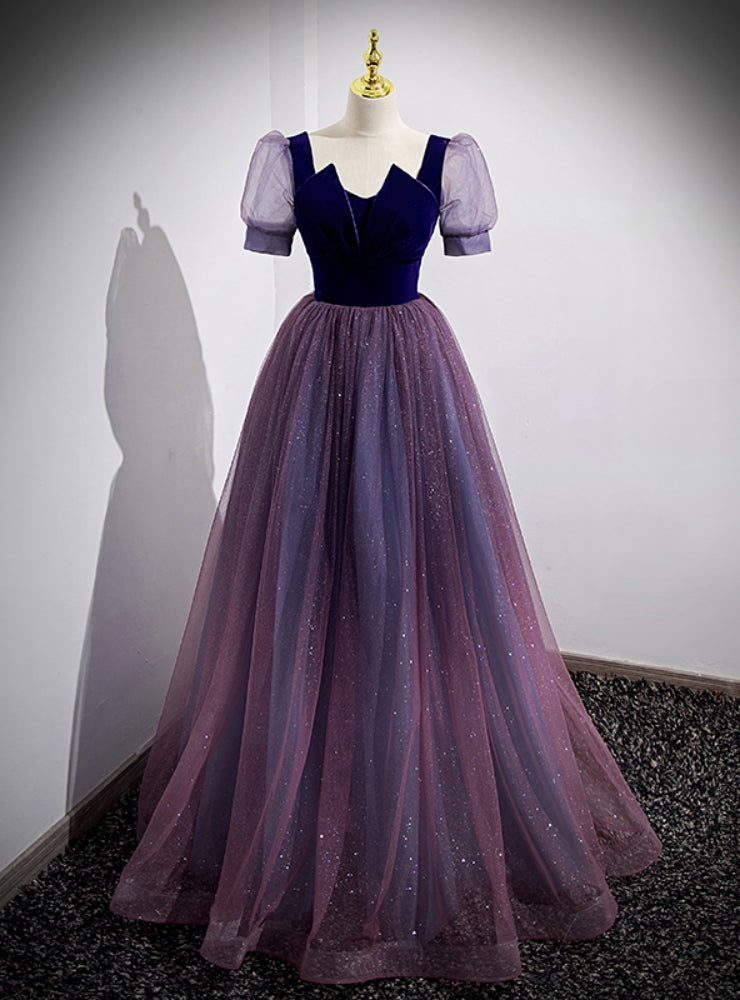 Purple Tulle Sequins Short Sleeve Prom Dress