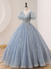 Quinceanera Dress V Neck Tulle Sequin Gray Blue Long Prom Dress Gray Blue Formal Sweet Dress