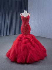 Red Mermaid Spaghetti Straps Beading Prom Dress