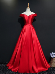 Red Satin Off the Shoulder Beading Prom Dress