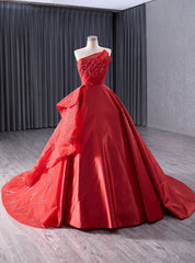 Red Satin Strapless Beading Prom Dress