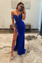 Royal Blue Off the Shoulder Beaded Long Prom Dresses with Appliques