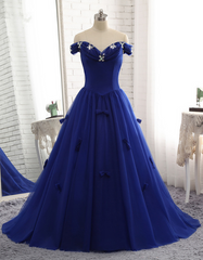 Royal Blue Prom Dress Luxury Tulle Beaded Bow Gown