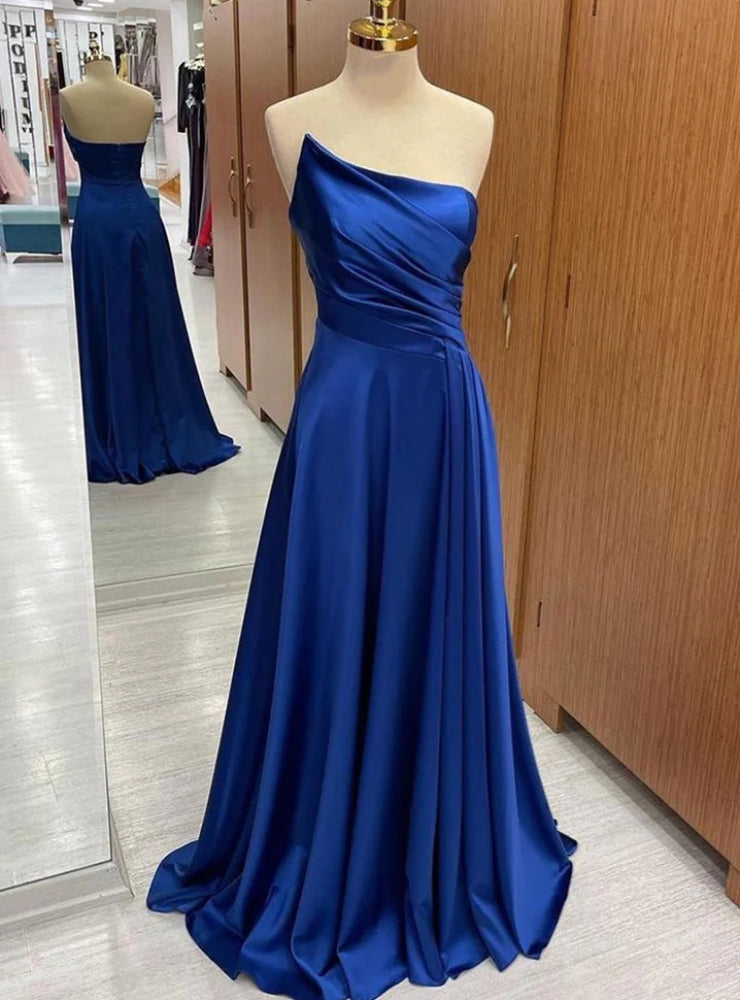 Royal Blue Satin Strapless Pleats Prom Dress