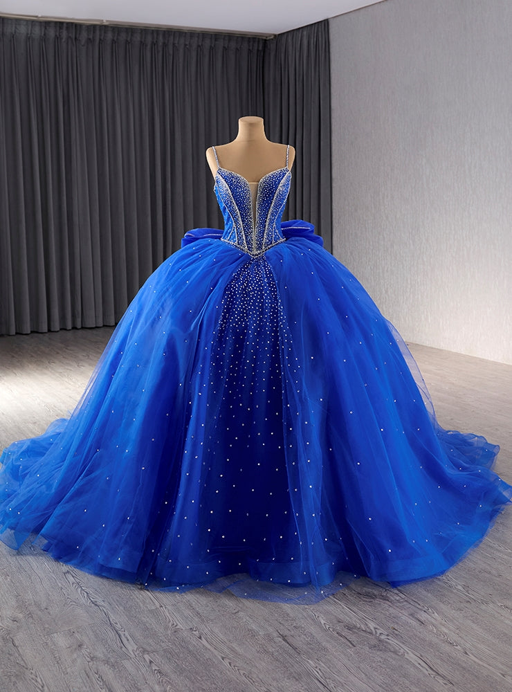 Royal Blue Tulle Spaghetti Straps Beading Prom Dress