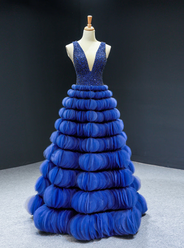 Royal Tulle Tiers V-neck Backless Beading Prom Dress