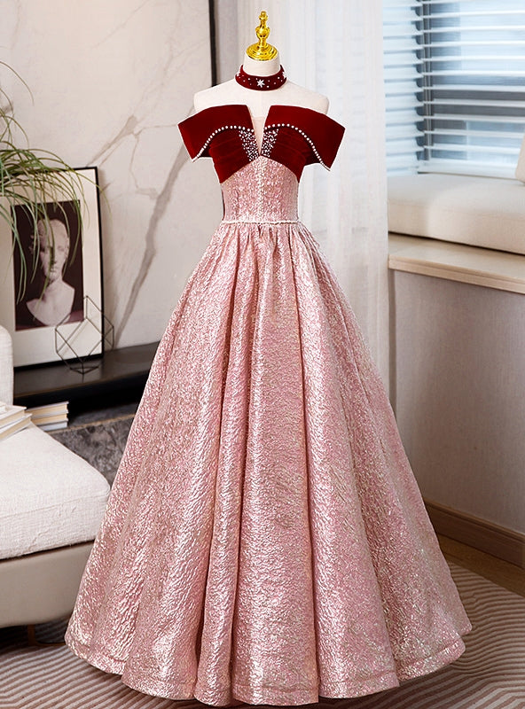 Sexy Burgundy Velvet Off the Shoulder Pearls Prom Dress