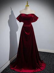 Sexy Burgundy Velvet Off the Shoulder Pleats Prom Dress