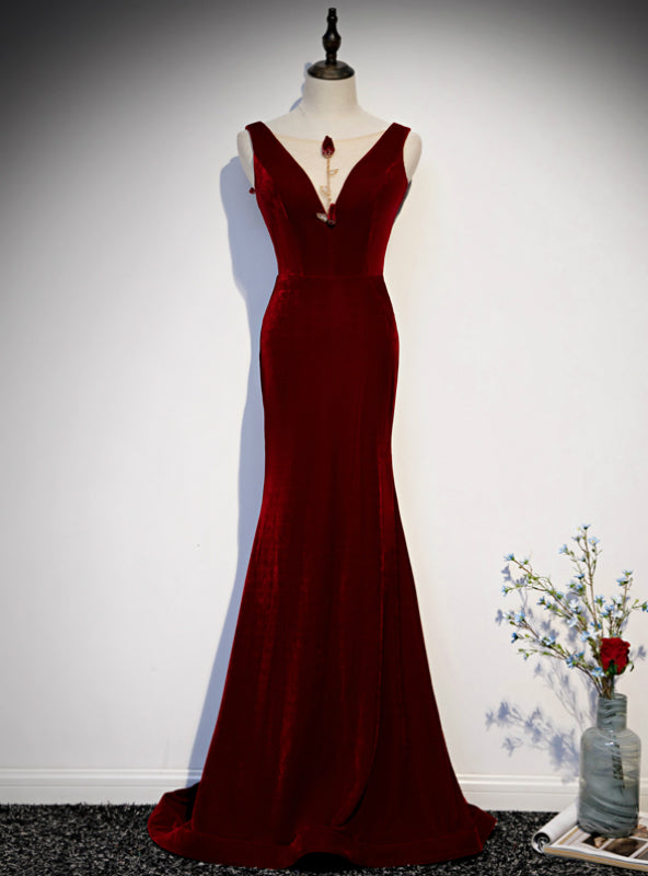 Sexy Dark Burgundy Mermaid Velvet Prom Dress