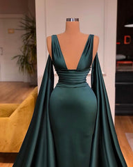 Sexy Deep V-Neck Sleeveless Long Evening Gowns Mermaid Prom Dress With Ruffles