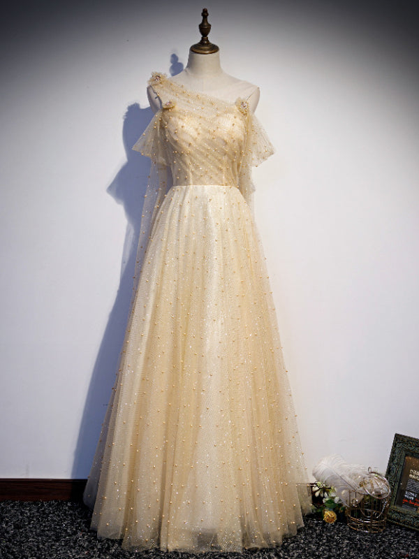 Sexy Gold Sequins Pearls Pleats Prom Dress