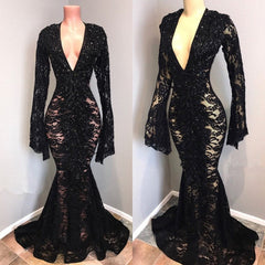 Sexy Long Sleeves Black Mermaid Prom Dress Lace V-neck Long