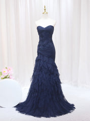 Sexy Navy Blue Mermaid Tulle Strapless Pleats Prom Dress