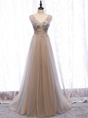 Shop Beautiful Champagne V Neck Tulle Beading Floor Length Backless Prom Dress Under 130