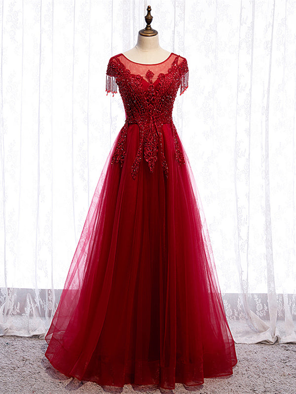 Shop Cap Sleeves Beading Appliques Tulle Scoop Floor Length Burgundy Prom Dress Under 148