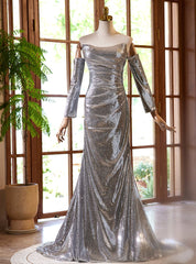 Silver Mermaid Long Sleeve Pleats Prom Dress