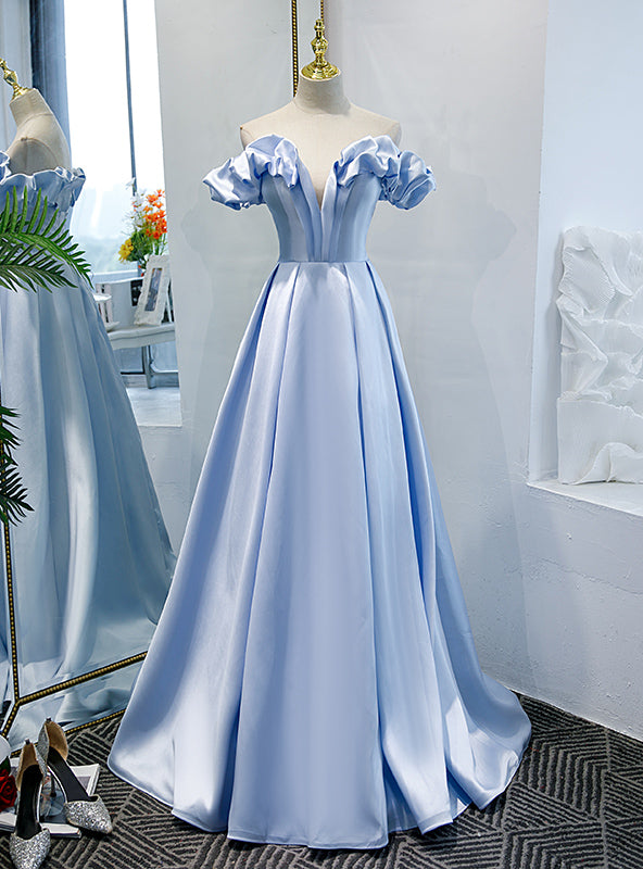 Simple Blue Satin Off the Shoulder Prom Dress