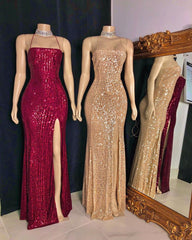 Spaghetti-straps Criss-cross Long Slit Sequins Mermaid Prom Dresses