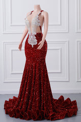 Sparkly Red Sequin Mermaid Prom Dresses Luxury Silver Crystal Beaded Sheer Neck Long Formal Party Evening Gowns for Black Girls