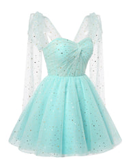 Sparkly Starry Mint Green Tulle Short Homecoming Dresses Spaghetti Bow Straps Prom Dress Sequin Cocktail Party Dress for Teens