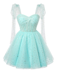 Sparkly Starry Mint Green Tulle Short Homecoming Dresses Spaghetti Bow Straps Prom Dress Sequin Cocktail Party Dress for Teens