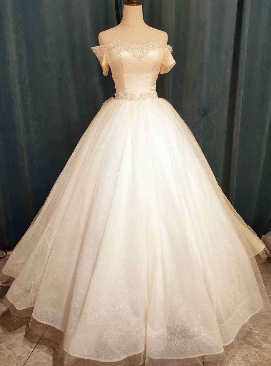 Tulle Satin Off the Shoulder Shrt Sleeve Pearls Wedding Dress