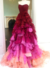 Tulle Strapless Tiers Pleats Prom Dress