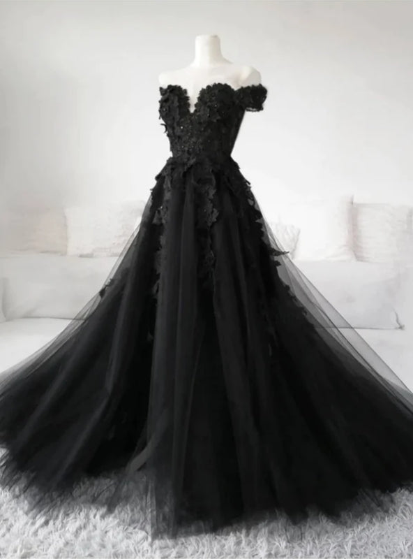 Vintage Black Tulle Off the Shoulder Appliques Prom Dress