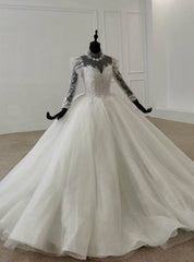 White Ball Gown Tulle Long Sleeve Beading Floor Length Wedding Dress