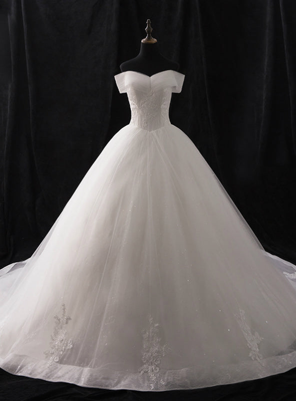 White Ball Gown Tulle Off The Shoulder Appliques Wedding Dress