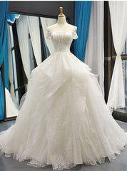 White Ball Gown Tulle Sequins Off the Shoulder Luxury Wedding Dress With Beading