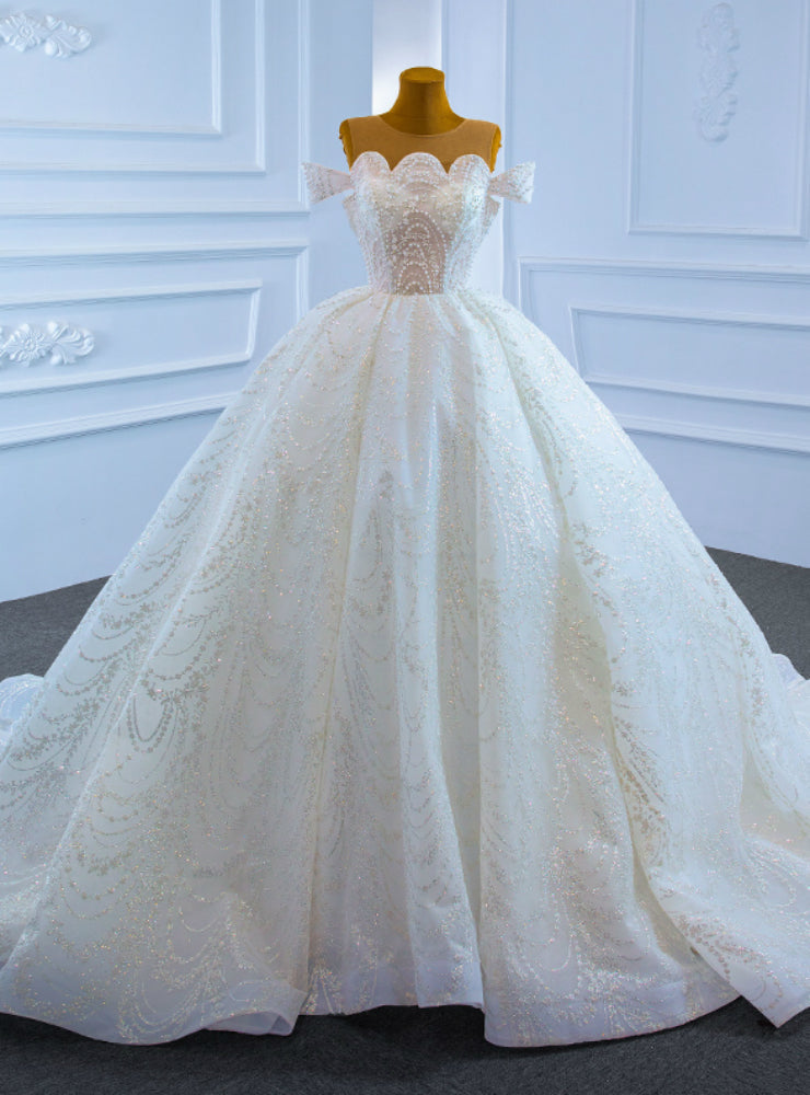 White Ball Gown Tulle Sequins Scoop Pearls Wedding Dress