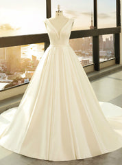 White Satin Ball Gown Deep V-neck Backless Wedding Dress