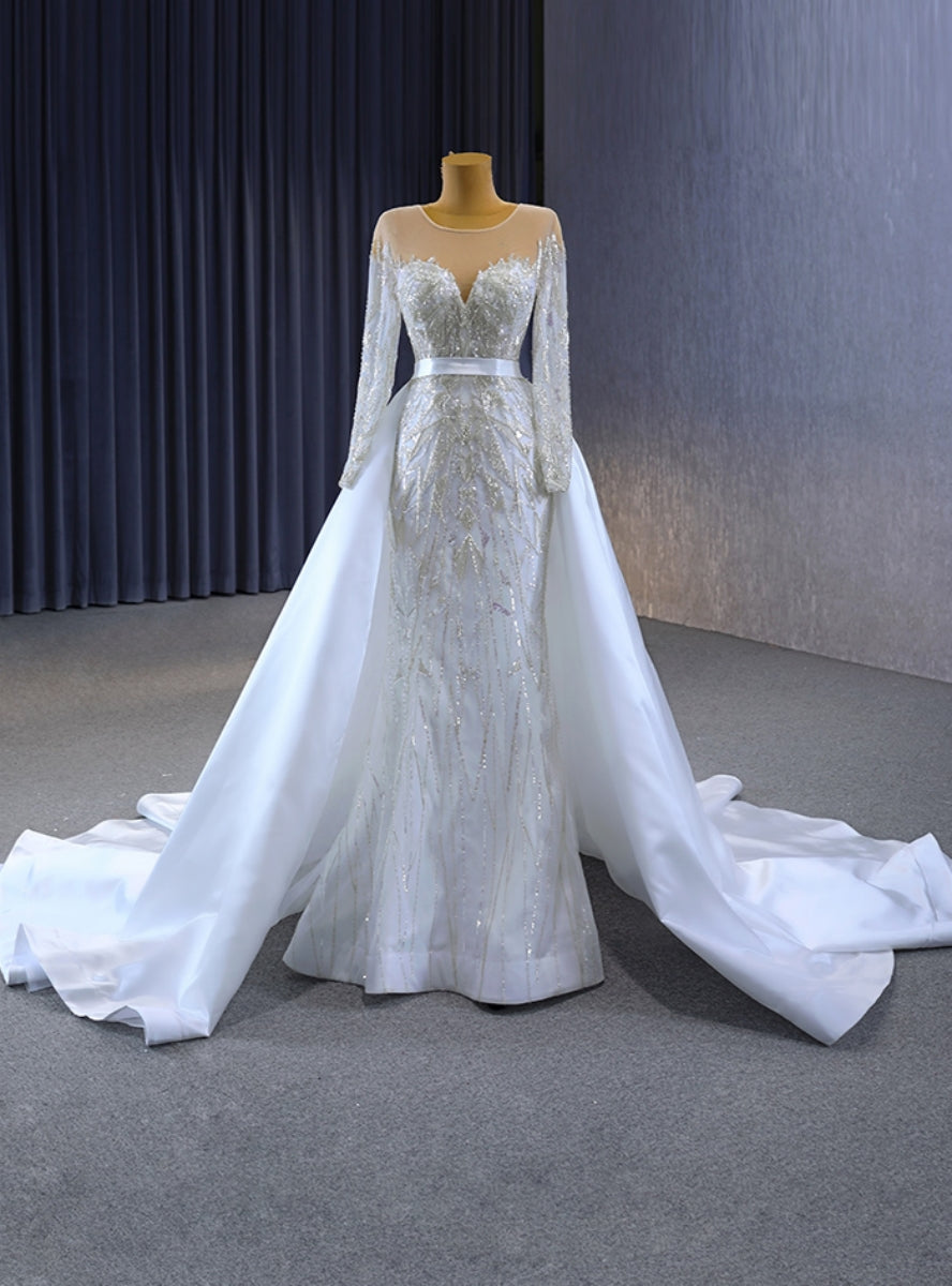 White Tulle Beading Long Sleeve Wedding Dress With Removable Train