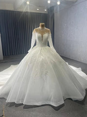 White Tulle Long Sleeve Appliques High Neck Wedding Dress With Lon Train