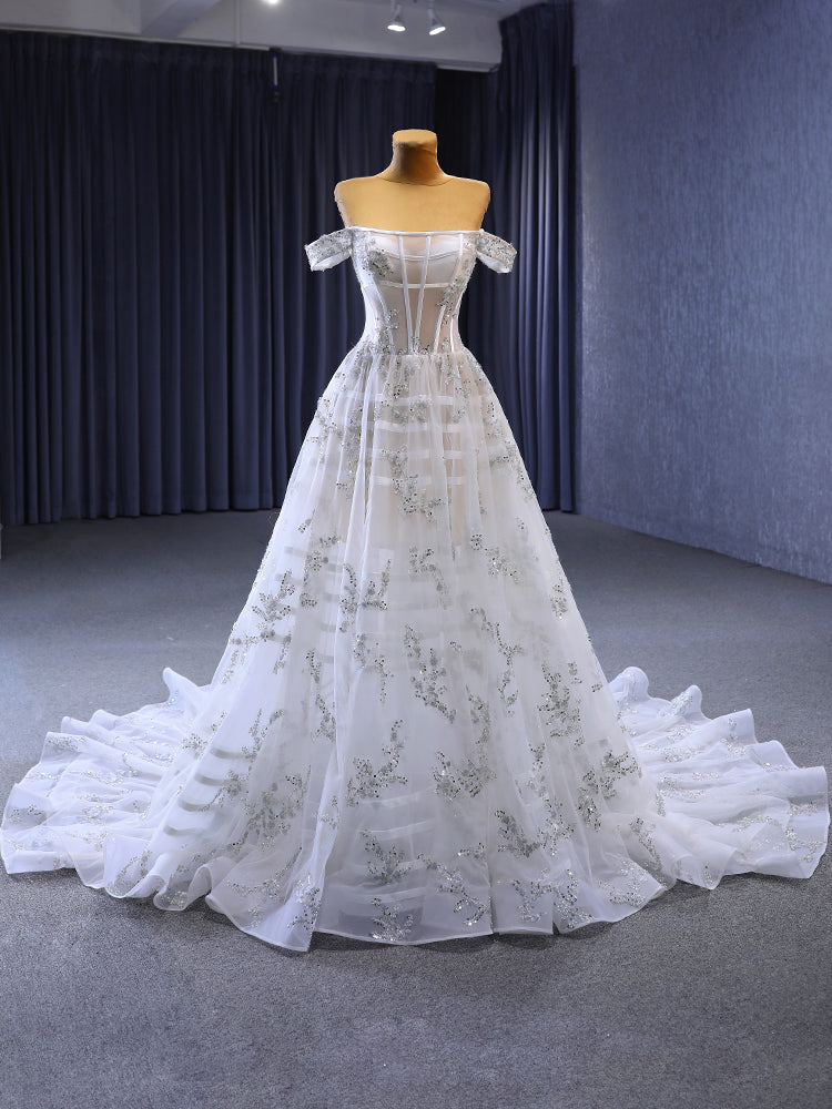 White Tulle Off the Shoulder Beading Sequins Wedding Dress