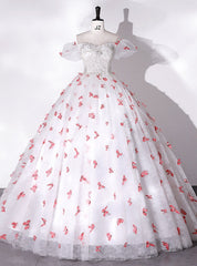 White Tulle Puff Sleeve Butterfly Appliques Quinceanera Dress