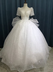 White Tulle Sequins Short Sleeve Beading Wedding Dress