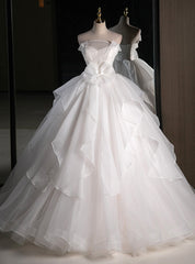 White Tulle Strapless Bow Wedding Dress