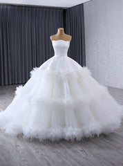 White Tulle Strapless Tiers Feather Wedding Dress