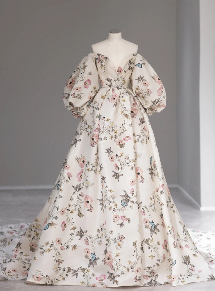 White Vintage Print Puff Sleeve Prom Dress